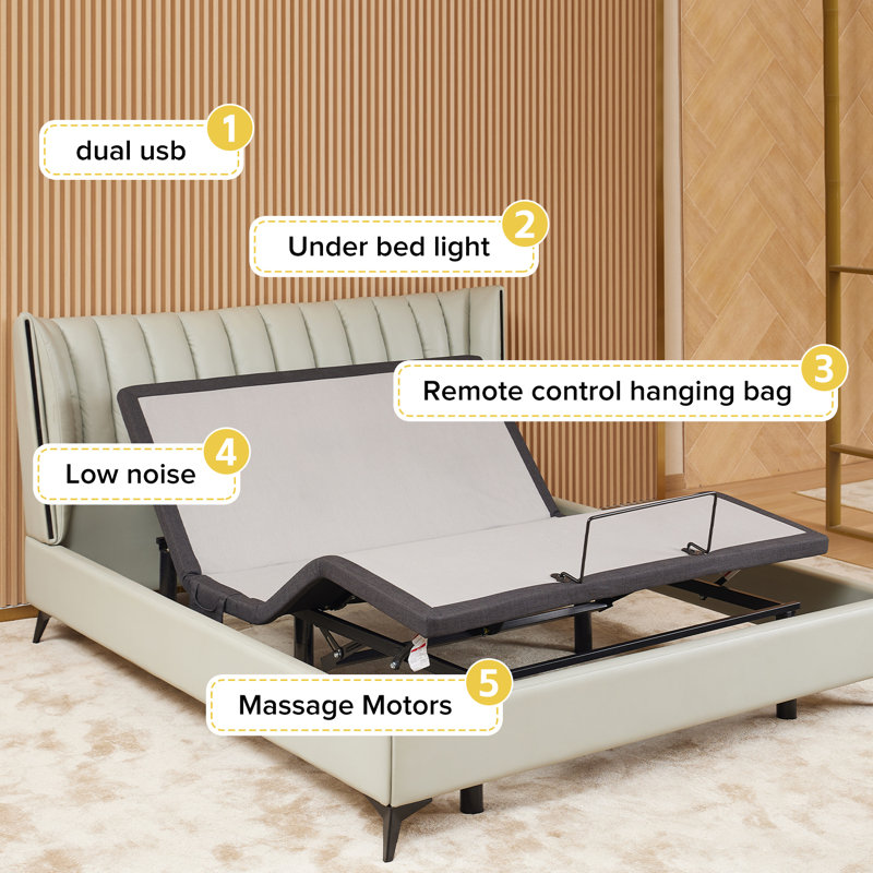 Ergonomic Black Steel Queen Adjustable Bed Frame with Massage and USB Ports