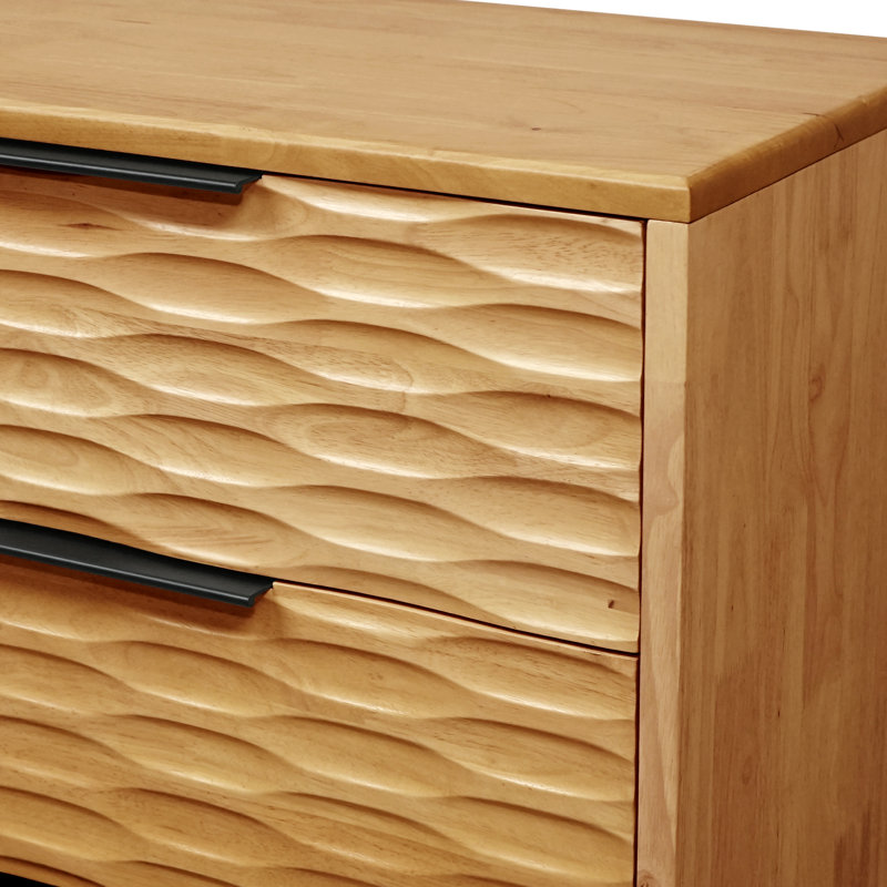 Commode 6 tiroirs en bois massif avec façades ondulées à commande numérique, large commode de rangement Mid-Century moderne, finition chêne