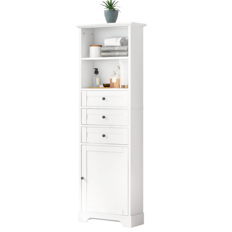 White Tall Bathroom Storage Cabinet with Adjustable Shelves and Drawers