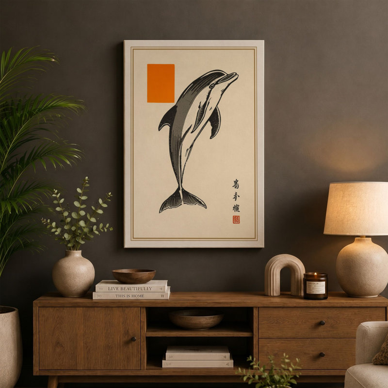 Leaping Dolphin Japandi - Wrapped Canvas, 24x16 - 61.0 x 40.6 cm, Black Border