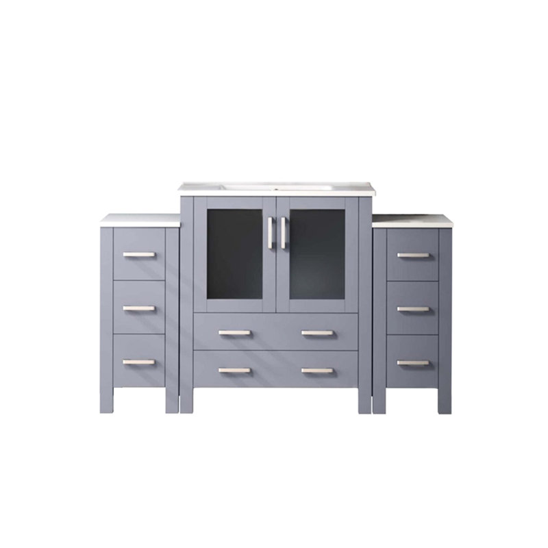 Gris foncé 54 po W Meuble-lavabo simple avec armoires latérales, comptoir en céramique blanche, structure en bois massif, conception de tiroir à fermeture douce, une armoire intérieure et 8 tiroirs pour un grand espace de rangement, une surface à gratter,