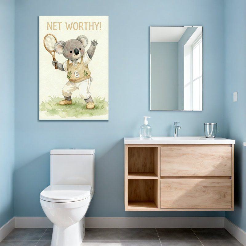 Animals Koala Playing Tennis With Racket And Net Worthy Text, 18" H x 12" W