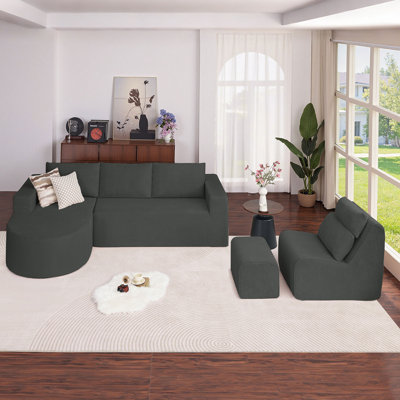 104.92" L-Shaped Corduroy Compression Sectional Sofa Set with Compression Lounge Chair & Ottoman