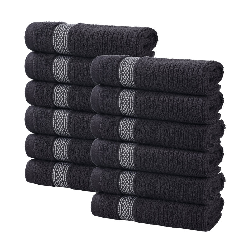 Amanita Zero Twist Cotton Ribbed Modern Geometric Border Soft Face Towel/Washcloth Set, Black