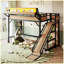 Lit simple mezzanine en métal naturel avec glissière, tablettes de rangement, garde-robe intégrée et lumières DEL
