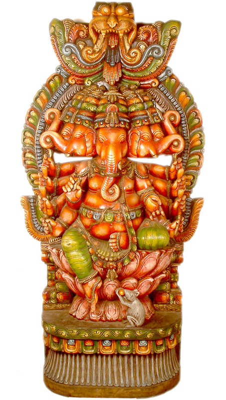 Hand-Carved Wood Five-Headed Ganesha Statue, 70 in. Tall | South Indian Temple Sculpture for Foyer & Meditation Room