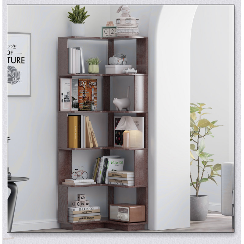 Bibliothèque d'angle en forme de L à 6 niveaux avec panneaux anti-chute et anti-basculement, idéale pour la maison et le bureau
