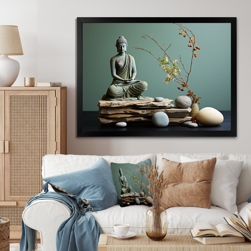 «Grey Green Meditation Abstract Serenity I», reproduction sur toile, H 16 po x l 32 po, Cadre photo noir