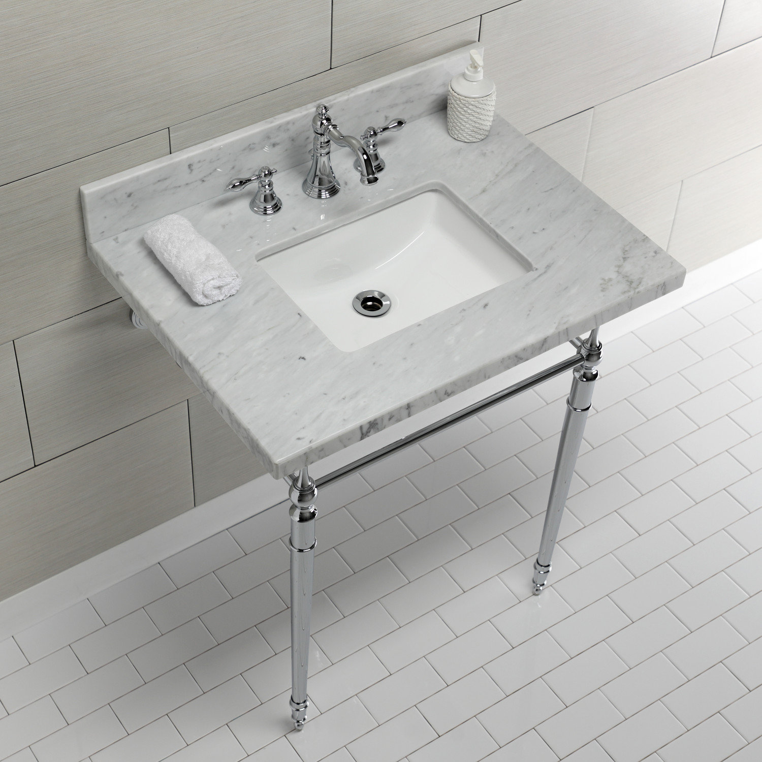 Kingston Brass Edwardian 30-Inch Carrara Marble Console Sink with Brass Legs (8-Inch, 3-Hole), Marble White/Polished Chrome
