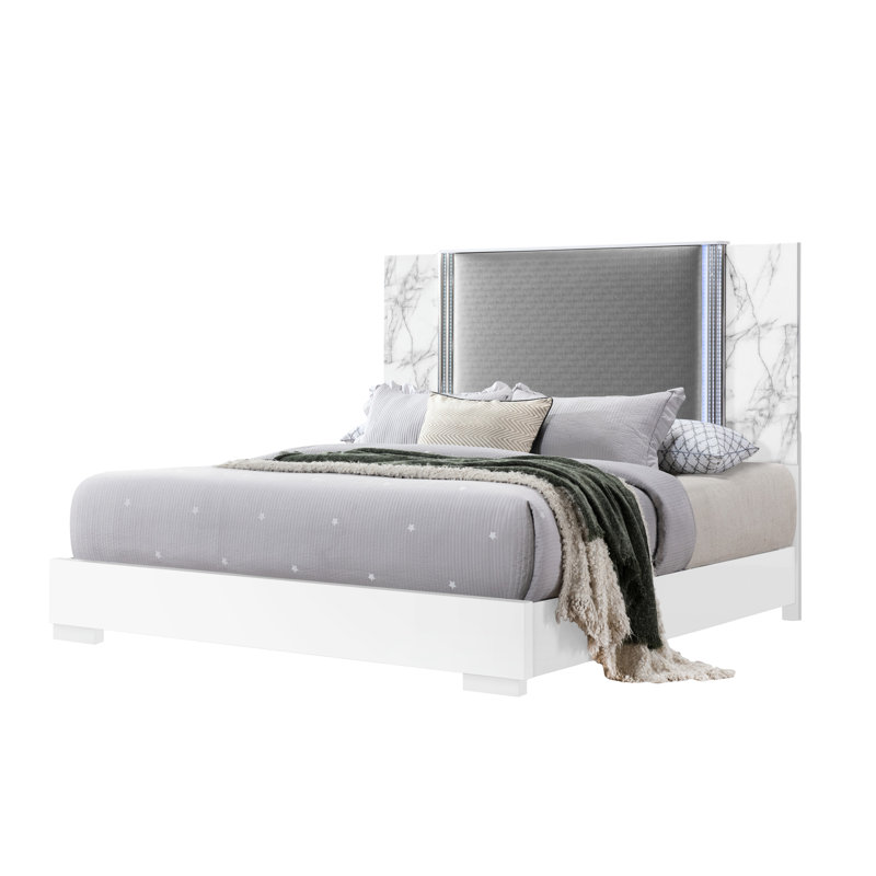 Grand lit à DEL en marbre blanc Moon, cadre de lit à panneau moderne, housse en bois d'hévéa, chambre à coucher avec accents de sérénité, revêtement de style contemporain, bois massif et escapade