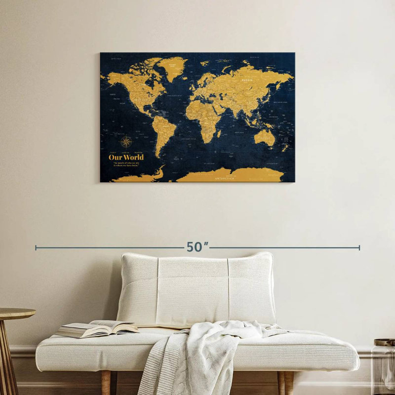 Carte du monde personnalisée avec punaise - or, H 24 po x l 36 po, Oui