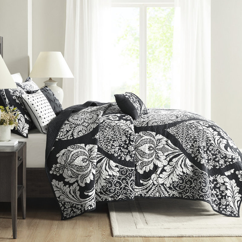 6 courtepointe très grand / très grand, imprimé noir, coton, matelassage sur toute la surface, coussins rembourrés 6 pièces avec coussins, coton / mélange
