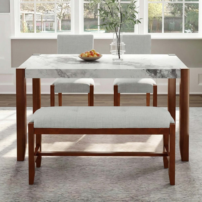 Ensemble de salle à manger 4 pièces contemporain avec table d'appoint en marbre et sièges rembourrés, Beige / noyer