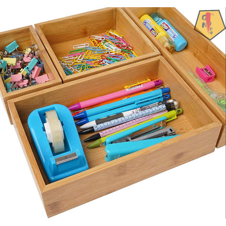 Bamboo Drawer Organizer and 6 Storage Box Dividers Set,8 Compartment Organization Tray Holder for Craft,Sewing,Office,Bathroom.Kitchen