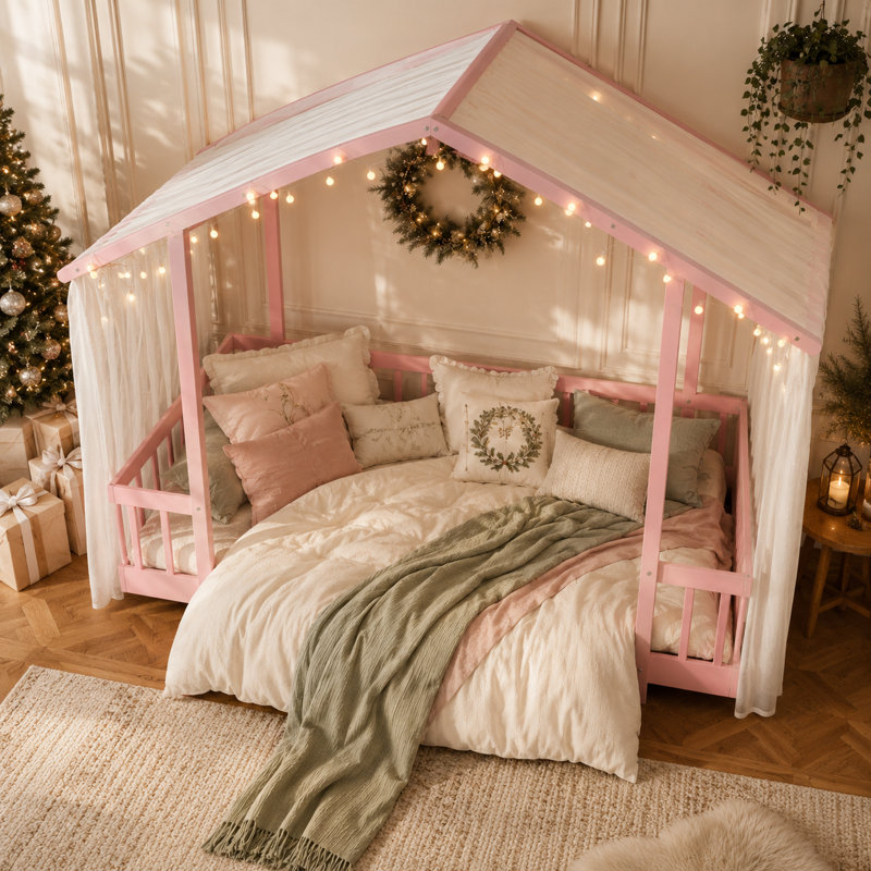 Lit cabane complet avec baldaquin, guirlande lumineuse et barrières de sécurité, lit plateforme en bois pour enfants avec sommier à lattes, sans sommier tapissier nécessaire