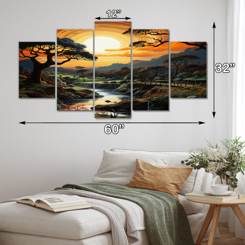 Mystic River Sunset Pastoral I - Décoration murale paysages - 5 panneaux
