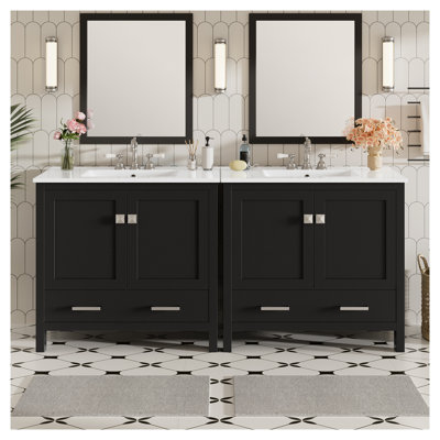 Meuble-lavabo noir 72 po avec lavabo en céramique et portes à fermeture en douceur, bois massif et panneau de fibres à densité moyenne