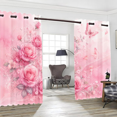 2Pcs Grommet Blackout Curtains, Pink Watercolor Cherry Blossom Floral Print Room Darkening Window Drapes, Thermal Insulated Noise Reducing Privacy Curtains for Bedroom Living Room Home Decor