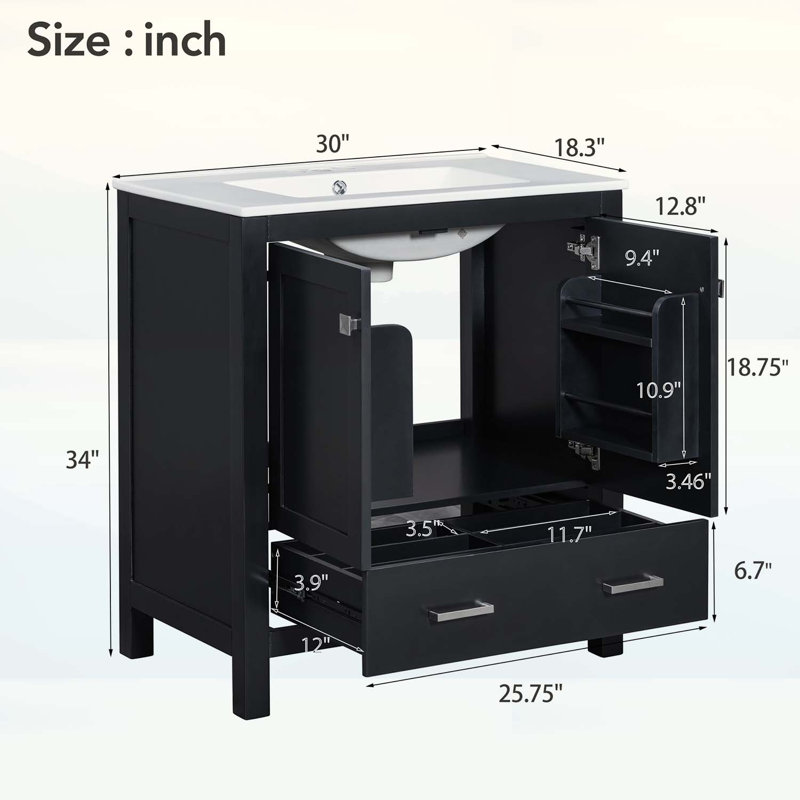 Meuble-lavabo noir de 76 cm (30 pouces) avec lavabo simple, meuble combiné, lavabo encastré et rangement multifonctionnel