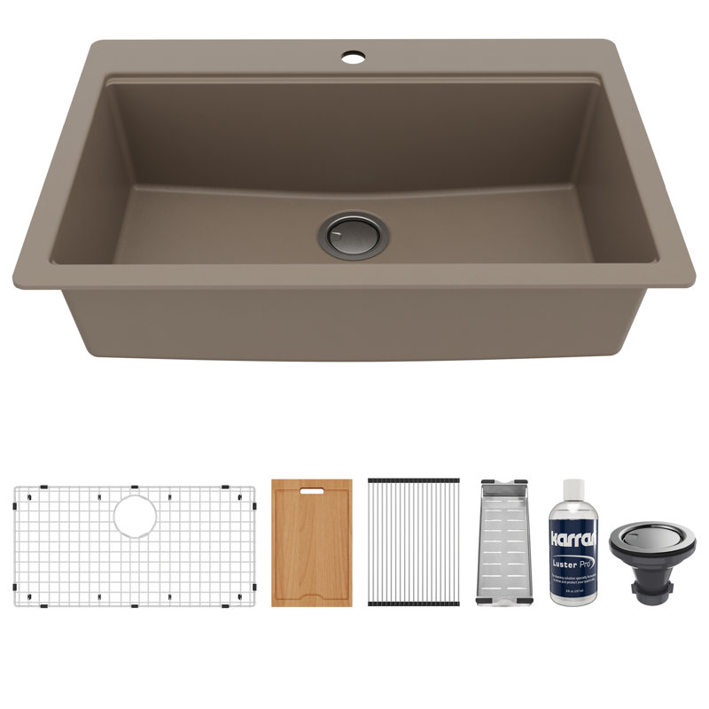 Karran Quartz 33'' X 22'' Single Bowl Drop-in Workstation Kitchen Sink, Concrete