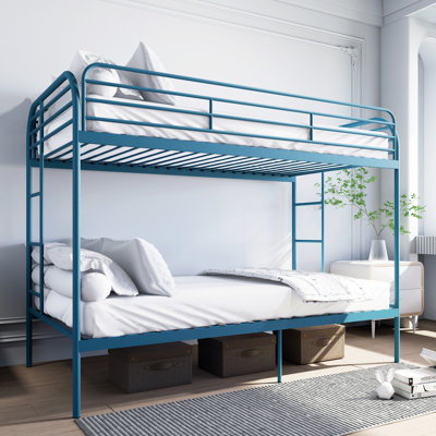 Lit simple superposé en métal bleu, 2 échelles, rail pleine longueur, sans sommier, idéal pour optimiser l'espace de la chambre à coucher