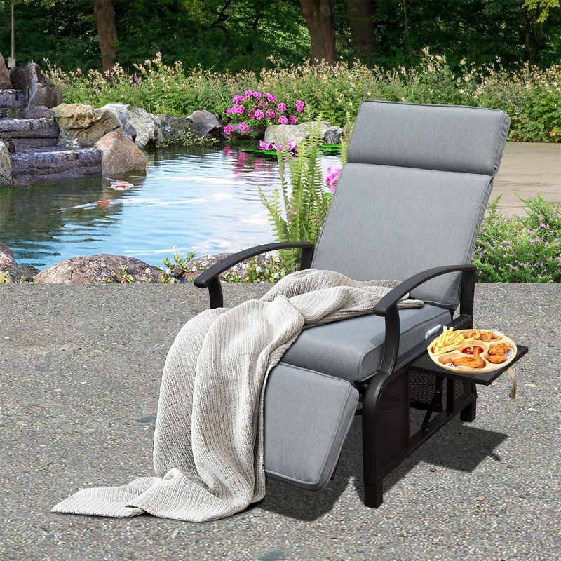 Adjustable Patio Recliner Chair Metal Outdoor Lounge Chair With Flip Table Push Back, Gray