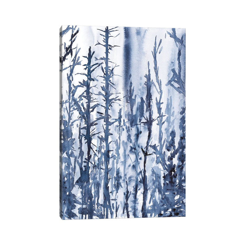 Arbres mystérieux bleus, paysage aquarelle, H 12 po x l 8 po x P 0,75 po, Pas de tapis, Toile tendue