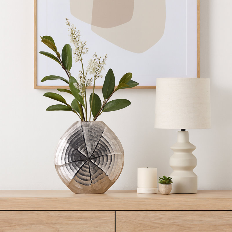 Contemporary Sculptural Decorative Table Vase with Unique Carved Round Design, Modern Flower Vase for Home Decor, Artistic Accent Vase for Displaying  Faux Floral Arrangements and Stylish Interior Styling, Silver