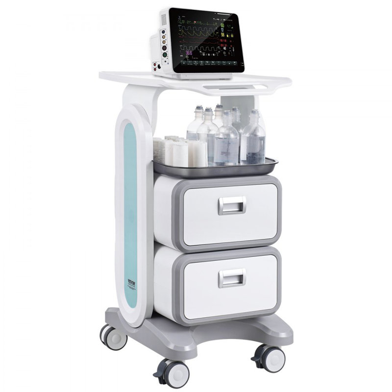 3 Tiers Lab Carts Mobile Medical Cart with 2 Drawers & 1 Top Tray White, Trolley Storage Cart with ABS Material