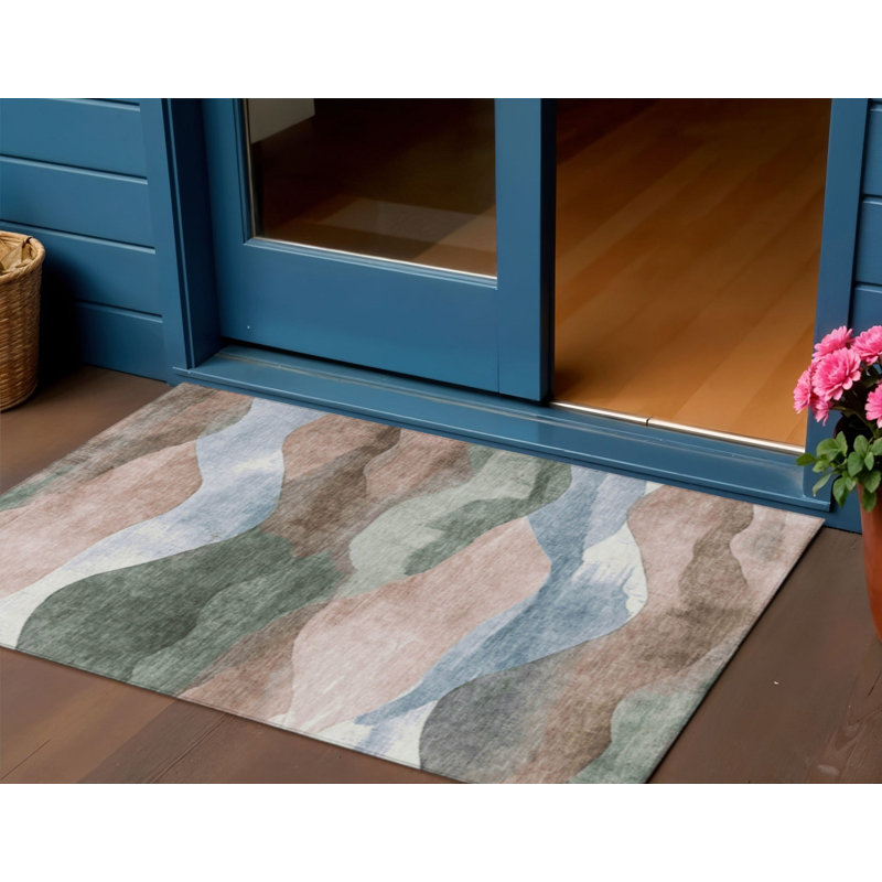 3' X 5' Salmon And Emerald Abstract Washable Indoor Outdoor Area Rug