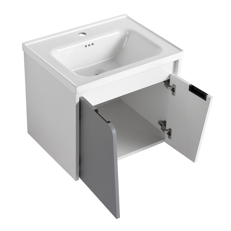 Meuble-lavabo mural avec lavabo et petites tablettes de rangement