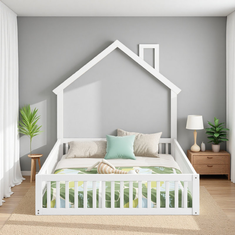 Wood Full Size House Platform Bed With Guardrail, White