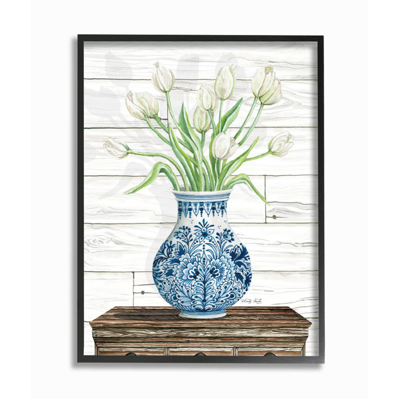 Tulip Bouquet In Ceramic Vase by Cindy Jacobs - Print, Midnight Black Framed Giclee, 14" H x 11" W x 1.5" D