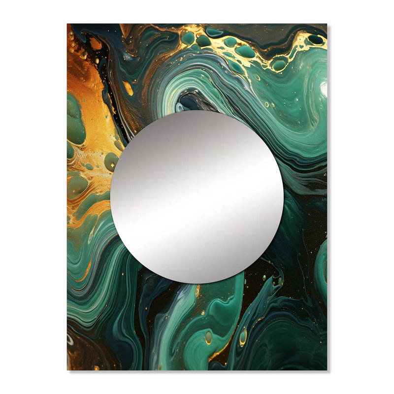 Abstrait vert et or Marble River II - grand miroir en marbre, décor de miroir mural unique vert, impression sur métal
