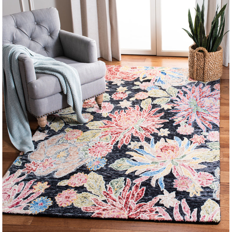 Delman Hand Tufted Wool/Cotton Floral Rug in Red/Charcoal, Rectangle 4' x 6'