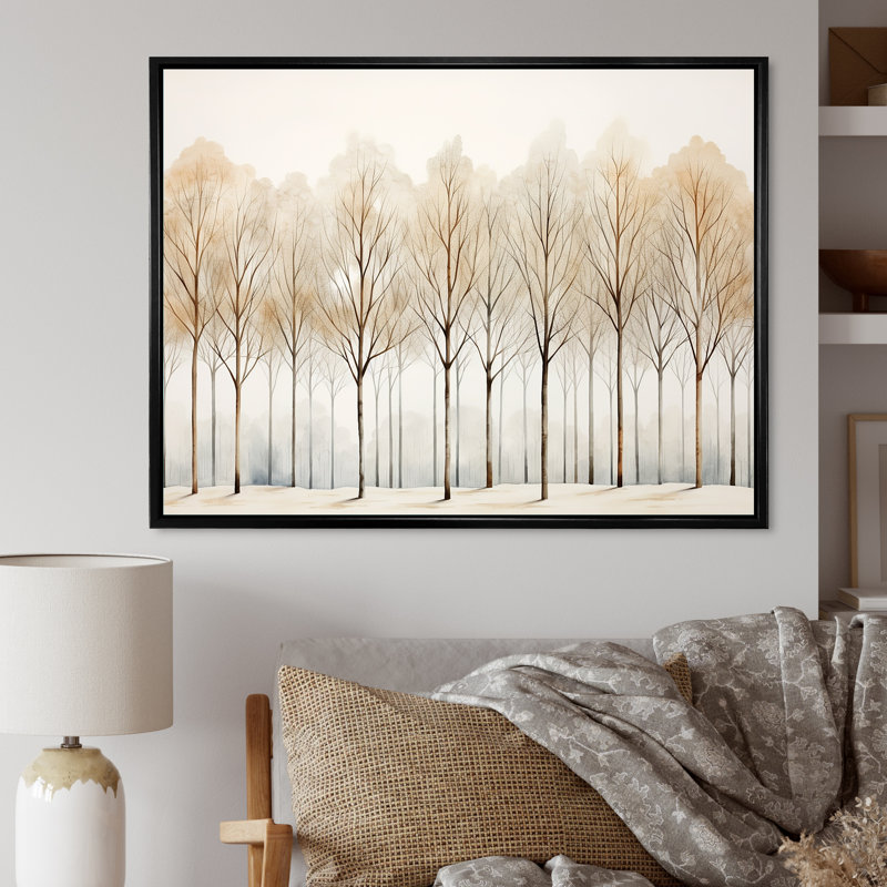 Forêt, arbres, minimalisme, art mural, H 30 po x l 40 po x P 1,5 po, Cadre flottant noir