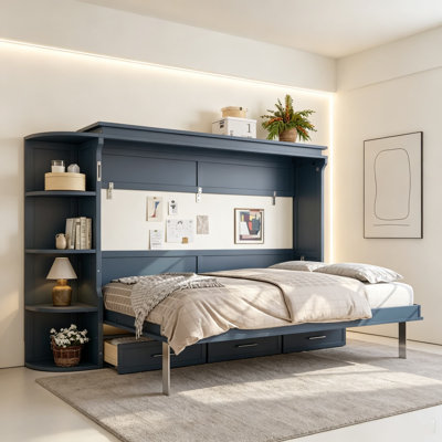 Lit escamotable escamotable, lit plateforme escamotable avec tablette, placards latéraux et tiroirs, lit-armoire pliable, lit caché multifonctionnel, lit-armoire convertible pour chambre d'amis, appartement ou bureau à domicile