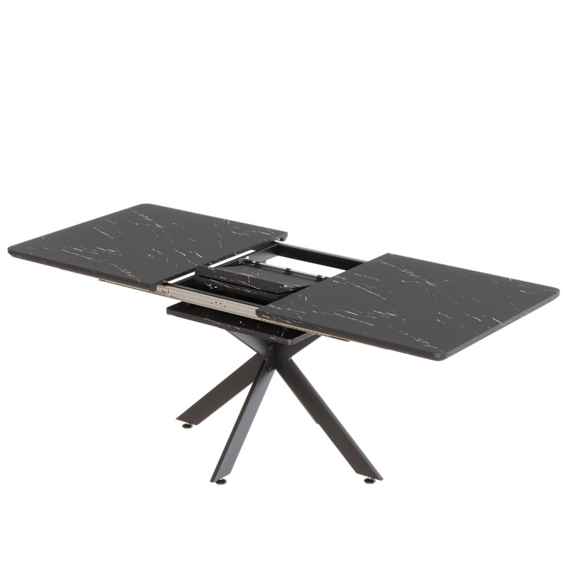 Table de salle à manger moderne noire extensible de 62,4 po. Esthétique industrielle de style Mid-Century. Pieds en X en métal, plateau fonctionnel de grande taille Mid-Century de 78,15 po. Extensible pour la pièce, la fête, la conférence. Pieds
