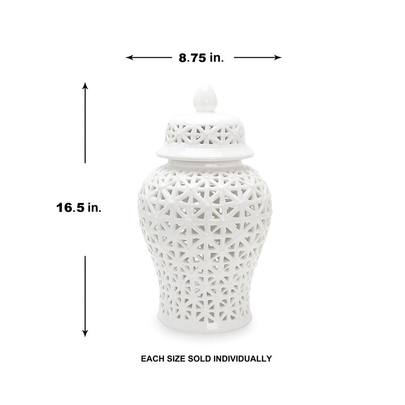 Debraa Handmade Ceramic Cutout Ginger Jar with Lid – Available in White & Gold (2 Sizes), 16.5" H x 8.75" W x 8.75" D, White