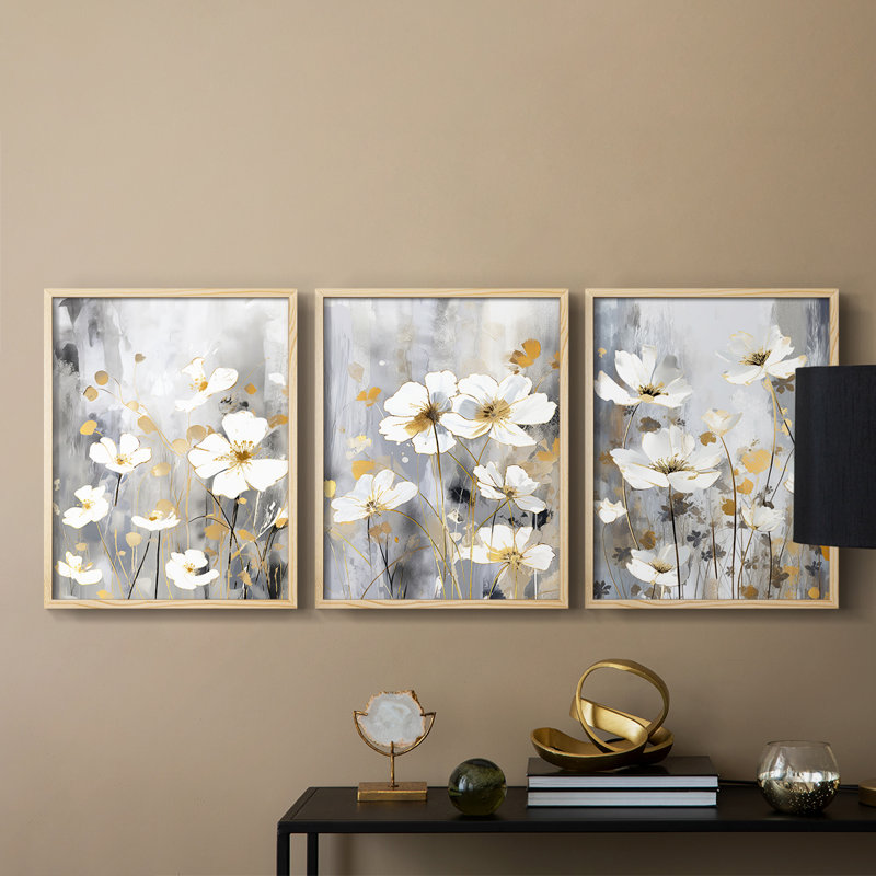 Étude florale Cxxxvi -Set de 3 estampes giclées encadrées -Prêt à, Naturel, H 10 po x l 8 po