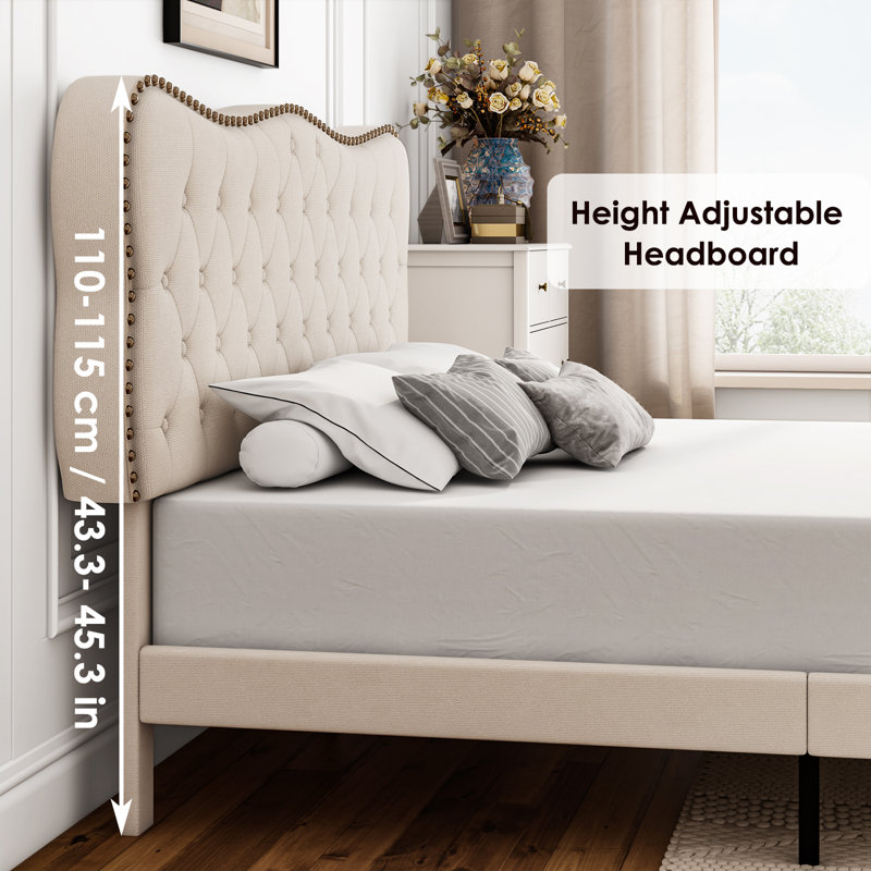 Lofgren Tufted Upholstered Platform Bed with Adjustable Headboard, Queen, Light Beige