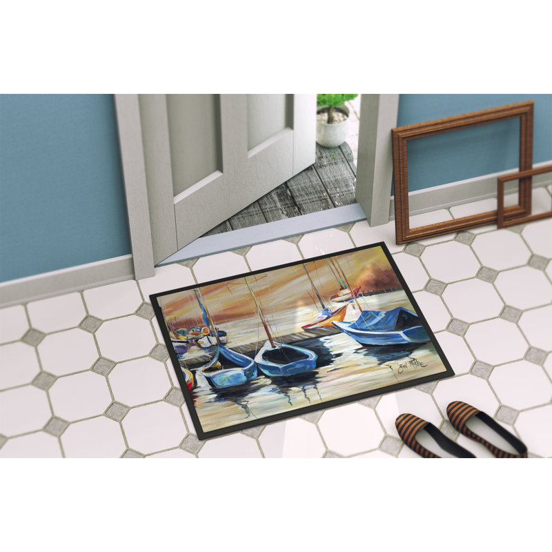 Tapis d’entrée antidérapant d’intérieur avec vue sur la plage avec voiliers, Rectangle 2 pi x 3 pi