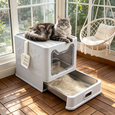 Stainless Steel Enclosed Cat Litter Box With Lid Top Entry Exit Metal Covered Litter Box Leak Proof & Pull Tray Odorless Easy To Clean Including Cat Litter Scoop