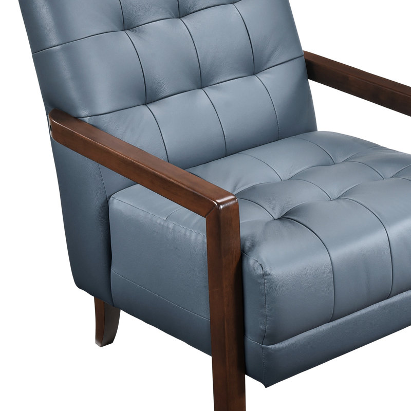 Modern Style Blue Leather Accent Chair With Pad, Walnut Detail, Finish Wood Frame