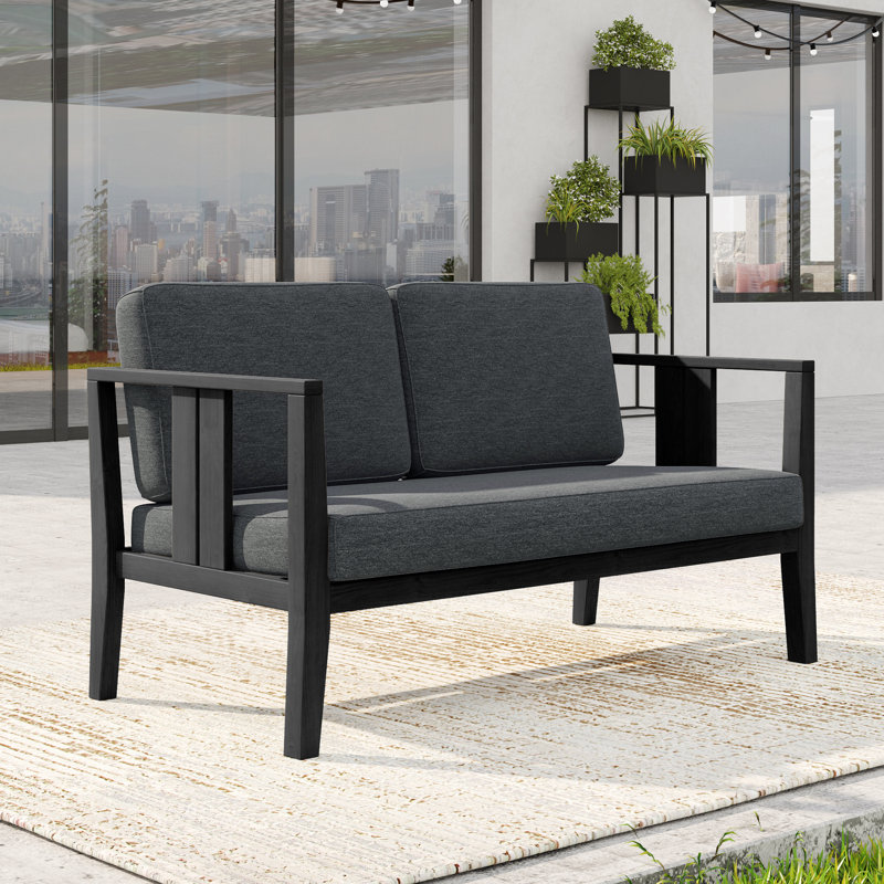 Solid Wood Teak Outdoor Loveseat With Cushion And Arms, Dark Gray, Black