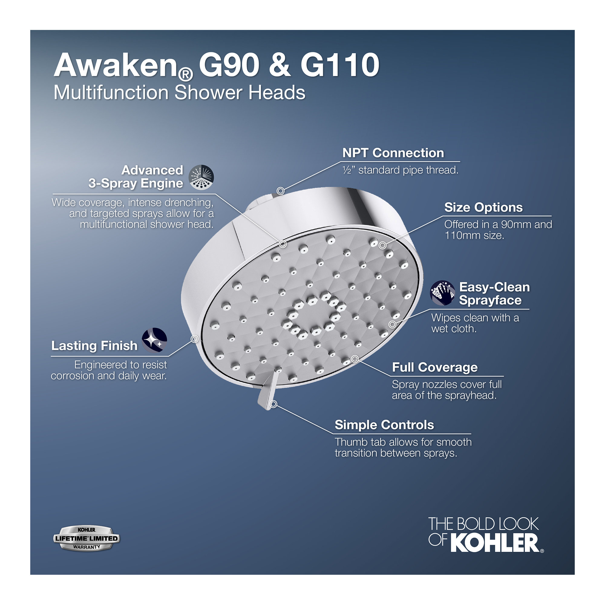 Awaken G90 2.0 GPM Multifunction Shower Head, Polished Chrome