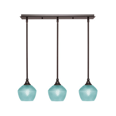3 Light Stem Hung Linear Pendalier Shown With 6" Turquoise Textured