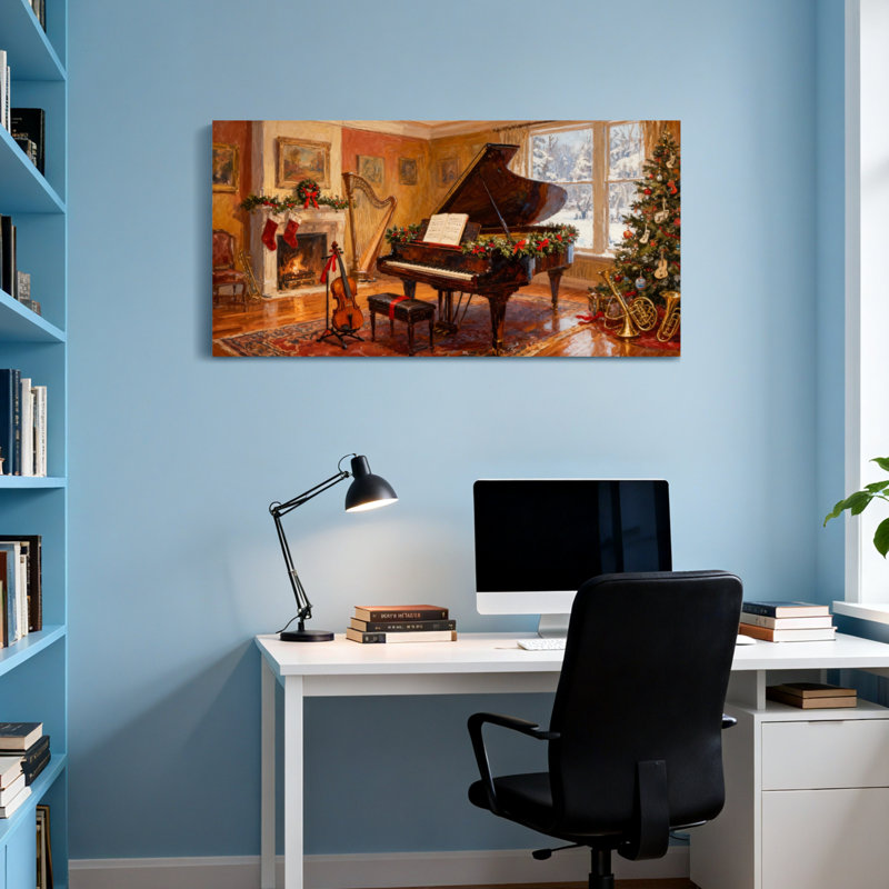 Noël, salon de Noël avec piano et arbre, H 24 po x l 48 po