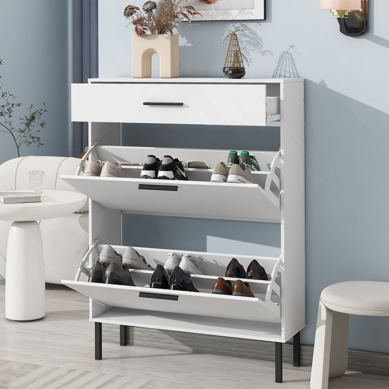 Armoire à chaussures moderne et multifonctionnelle avec 2 tiroirs rabattables, rangement pour chaussures autoportant, Blanc