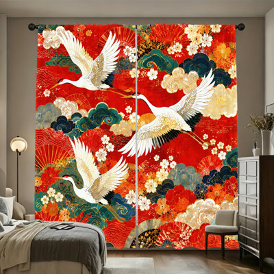 2PCS Japanese Red Floral Fan and Crane Light Filtering Curtains, Oriental Garden Rod Pocket Window Treatments for Living Room, Bedroom and Dormitory